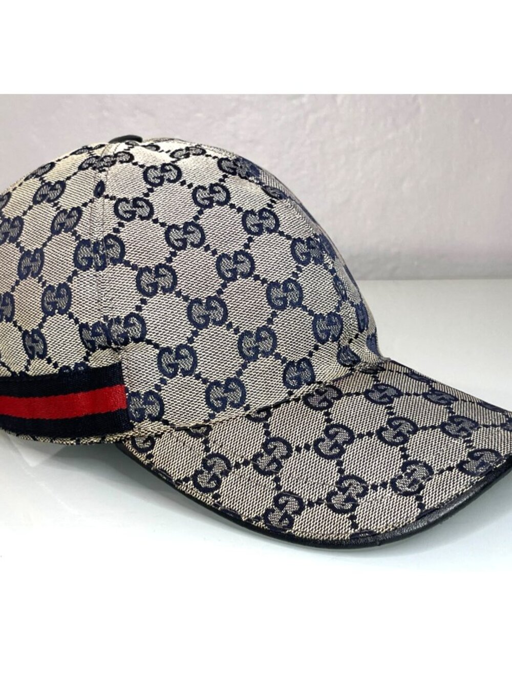 Gucci Navy Size S 57 GG Logo Monogram Canvas Web Baseball Cap Hat Runway - Picture 1 of 9